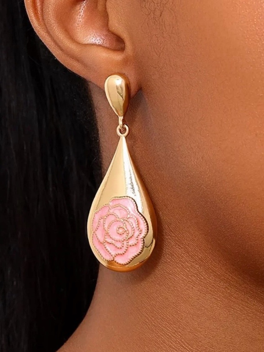 Boutique Earrings, 18K Gold Teardrop with Pink Enamel Rose, New
